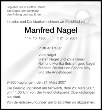 Todesanzeige von Manfred Nagel von HNA