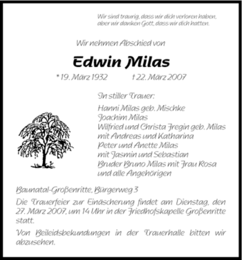 Todesanzeige von Edwin Milas von HNA