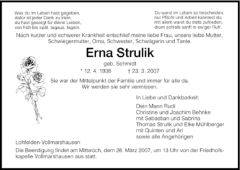 Todesanzeige von Erna Strulik von HNA