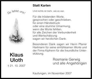 Todesanzeige von Klaus Uloth von HNA