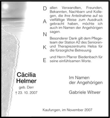 Todesanzeige von Cäcilia Helmer von HNA