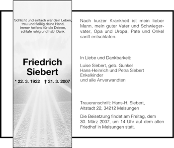 Todesanzeige von Friedrich Siebert von HNA