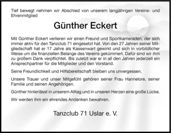 Todesanzeige von Günther Eckert von HNA