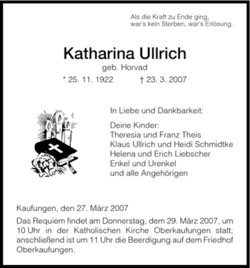 Todesanzeige von Katharina Ullrich von HNA