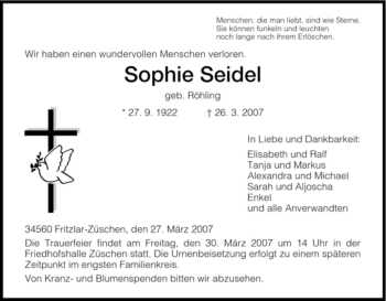 Todesanzeige von Sophie Seidel von HNA