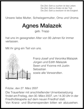 Todesanzeige von Agnes Malazek von HNA