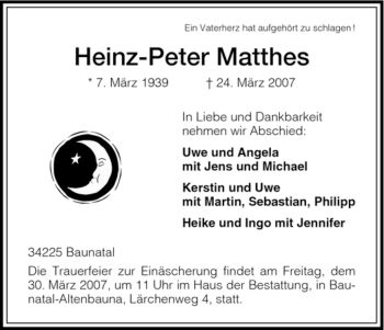 Todesanzeige von Heinz-Peter Matthes von HNA