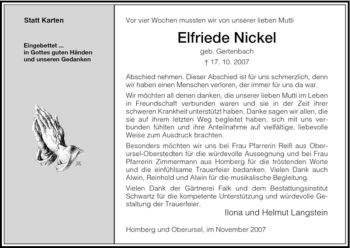 Todesanzeige von Elfriede Nickel von HNA