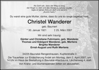 Todesanzeige von Christel Wanderer von HNA