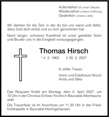 Todesanzeige von Thomas Hirsch von HNA