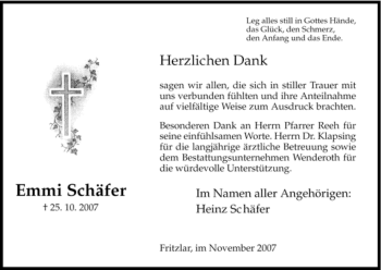 Todesanzeige von Emmi Schäfer von HNA
