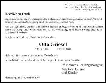 Todesanzeige von Otto Griesel von HNA