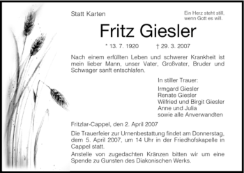 Todesanzeige von Fritz Giesler von HNA