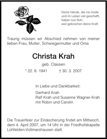 Todesanzeige von Christa Krah von HNA