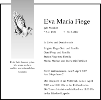 Todesanzeige von Eva Maria Fiege von HNA