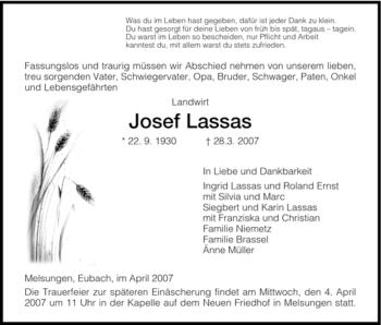 Todesanzeige von Josef Lassas von HNA