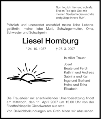 Todesanzeige von Liesel Homburg von HNA