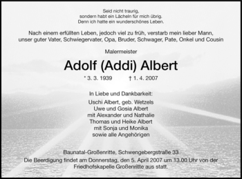 Todesanzeige von Adolf Albert von HNA