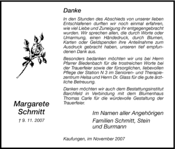 Todesanzeige von Margarete Schmitt von HNA