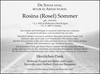 Todesanzeige von Rosina Sommer von HNA