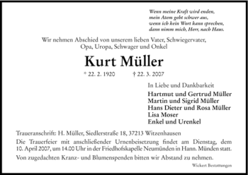 Todesanzeige von Kurt Mueller von HNA