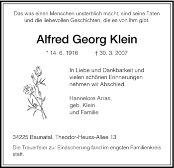 Todesanzeige von Alfred Georg von HNA