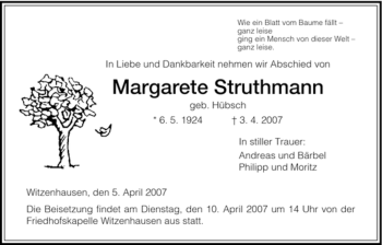 Todesanzeige von Margarete Struthmann von HNA