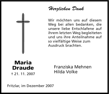 Todesanzeige von Maria Draude von HNA
