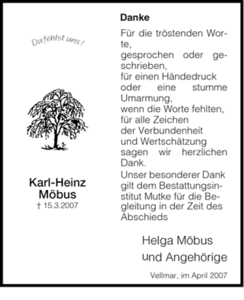 Todesanzeige von Karl-Heinz Moebus von HNA