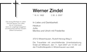 Todesanzeige von Werner Zindel von HNA