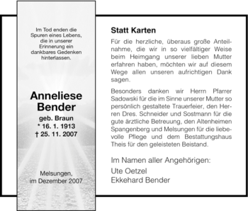 Todesanzeige von Anneliese Bender von HNA
