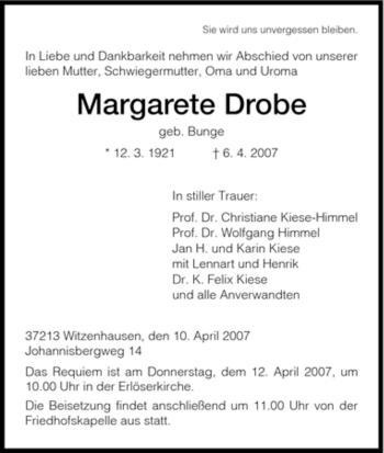 Todesanzeige von Margarete Drobe von HNA