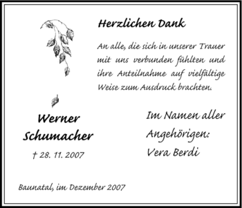 Todesanzeige von Werner Schumacher von HNA