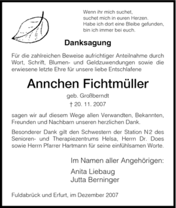Todesanzeige von Annchen Fichtmüller von HNA