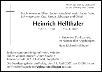 Todesanzeige von Heinrich Hellthaler von HNA