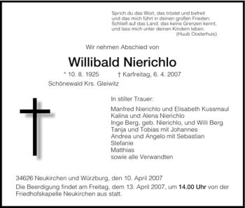 Todesanzeige von Willibald Nierichlo von HNA