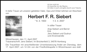 Todesanzeige von Herbert Siebert von HNA