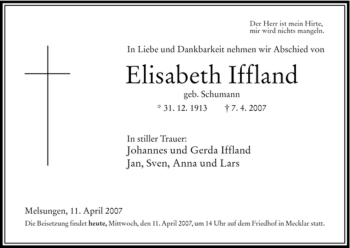Todesanzeige von Elisabeth Iffland von HNA