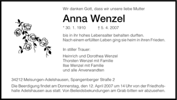 Todesanzeige von Anna Wenzel von HNA