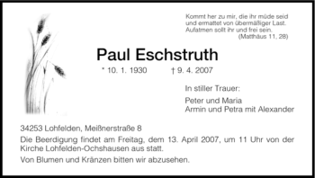 Todesanzeige von Paul Eschstruth von HNA