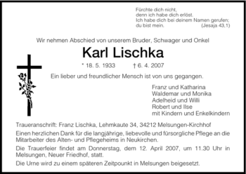 Todesanzeige von Karl Lischka von HNA
