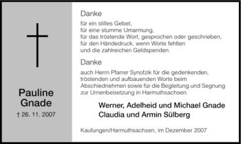 Todesanzeige von Pauline Gnade von HNA