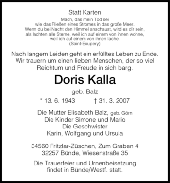 Todesanzeige von Doris Kalla von HNA