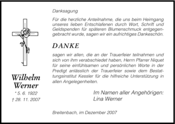 Todesanzeige von Wilhelm Werner von HNA