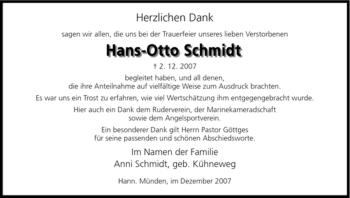 Todesanzeige von Hans-Otto Schmidt von HNA