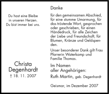 Todesanzeige von Christa Degenhardt von HNA