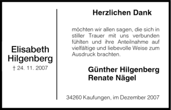 Todesanzeige von Hilgenberg Elisabeth von HNA