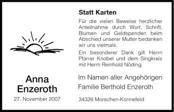 Todesanzeige von Anna Enzeroth von HNA