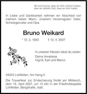 Todesanzeige von Bruno Welkard von HNA