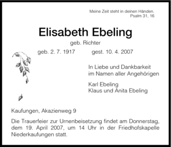 Todesanzeige von Elisabeth Ebeling von HNA